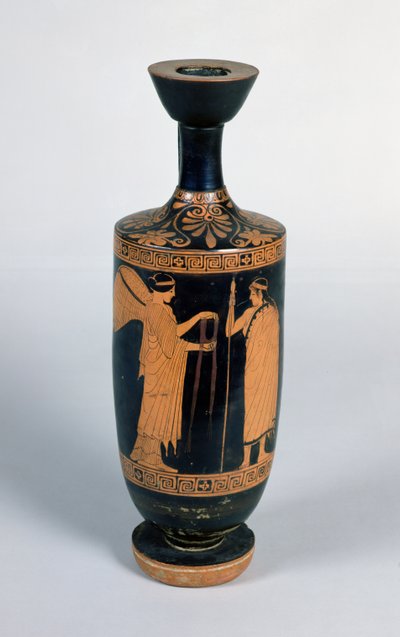 Attic Lekythos, Depicting a Nike Offering a Wreath to a Youth, c.480-470 BC by Greek